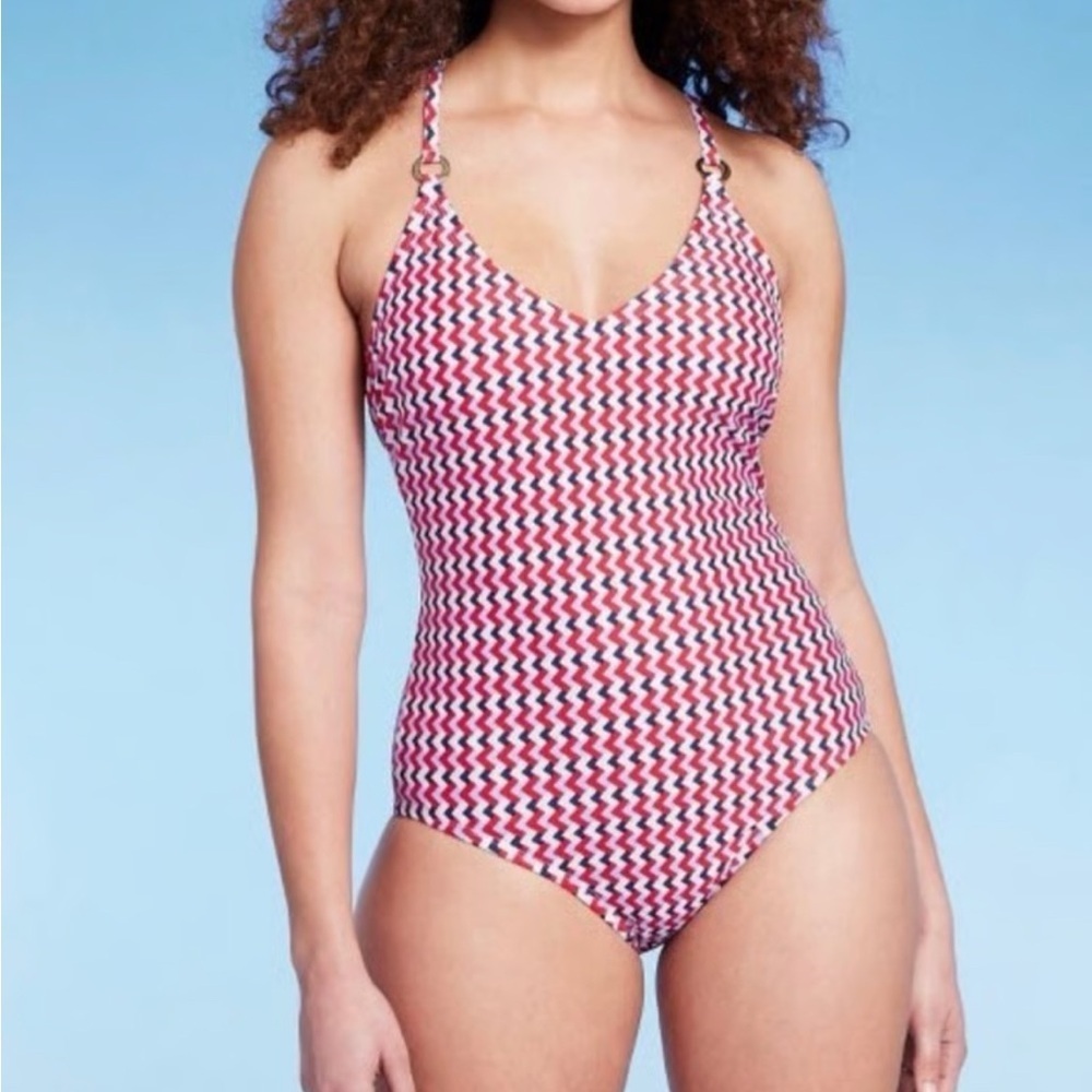 Kona Sol chevron pattern Women's Red and White & blue one piece Swimsuit size 17